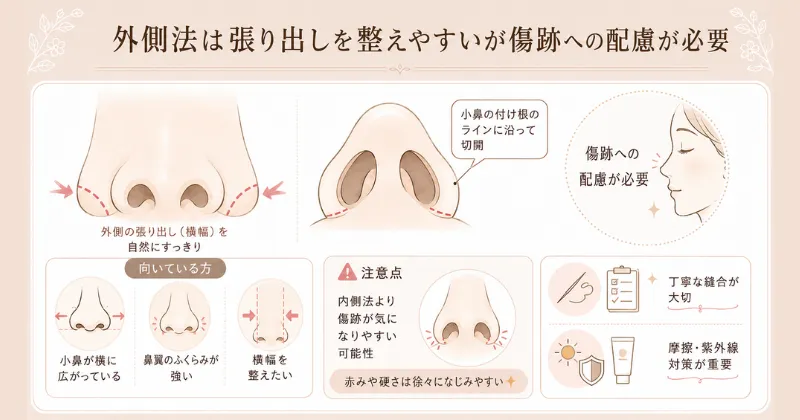 外側法は張り出しを整えやすいが傷跡への配慮が必要