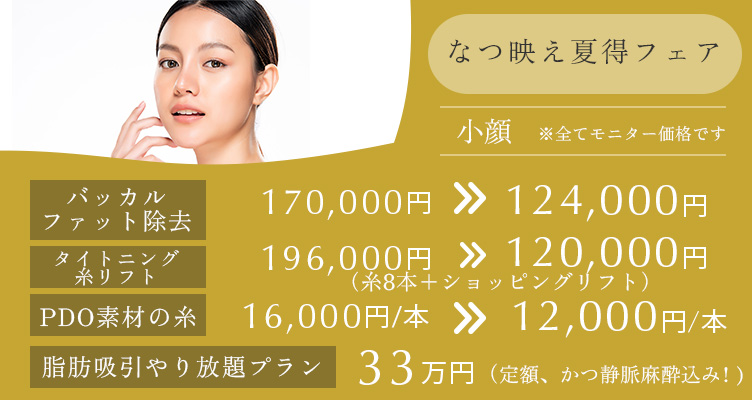 なつ映え夏得フェア バッカルファット除去 170,000円→124,000円 タイトニング糸リフト（糸8本＋ショッピングリフト） 196,000円→120,000円 PDO素材の糸 16,000円/本→12,000円/本 脂肪吸引やり放題プラン 33万円 定額、かつ静脈麻酔込み！ ※全てモニター価格