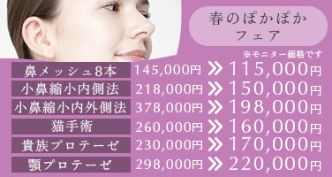 春のぽかぽかフェア※モニター価格です。鼻メッシュ8本145,000円→115,000円小鼻縮小内側法218,000円→150,000円小鼻縮小内外側法378,000円→198,000円猫手術260,000円→160,000円貴族プロテーゼ230,000円→170,000円顎プロテーゼ298000円→220000円