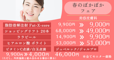 春のぽかぽかフェア※モニター価格です。 脂肪溶解注射　Fat-X-core　9,900円→9,000円 ショッピングリフト20本 68,000円→49,000円 ビタミンC点滴/白玉点滴 9,900円→4,000円 ジュベルック/ジャルプロ 46,000円