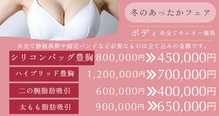 冬のあったかフェア※モニター価格です。 シリコンバッグ豊胸　800,000円→450,000円 ハイブリッド豊胸　200,000円→700,000円 二の腕脂肪吸引 600,000円→400,000円 太もも脂肪吸引　900,000円→650,000円 ※全て静脈麻酔や固定バンドなど必要なものは全て込みの金額です。