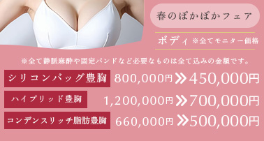 春のぽかぽかフェア※モニター価格です。 シリコンバッグ豊胸　800,000円→450,000円 ハイブリッド豊胸　200,000円→700,000円 コンデンスリッチ脂肪豊胸　660,000円→500,000円 ※全て静脈麻酔や固定バンドなど必要なものは全て込みの金額です。