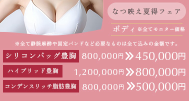 なつ映え夏得フェアフェア※モニター価格です。 シリコンバッグ豊胸　800,000円→450,000円 ハイブリッド豊胸　200,000円→800,000円 コンデンスリッチ脂肪豊胸　800,000円→500,000円 ※全て静脈麻酔や固定バンドなど必要なものは全て込みの金額です。
